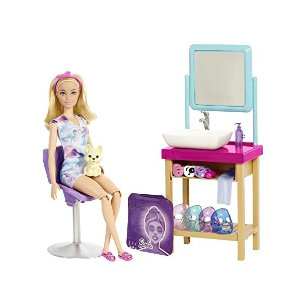 Barbie - Coffret Spa et Masques Paillettes - Poupée Barbie et Chiot, Masques, Lavabo, Fauteuil et Miroir - 15 Accessoires Bie