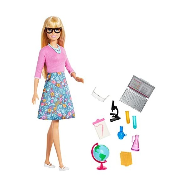 Barbie Métiers poupée professeur blonde, avec 10 accessoires éducatifs, dont globe rotatif et ordinateur portable, jouet pour