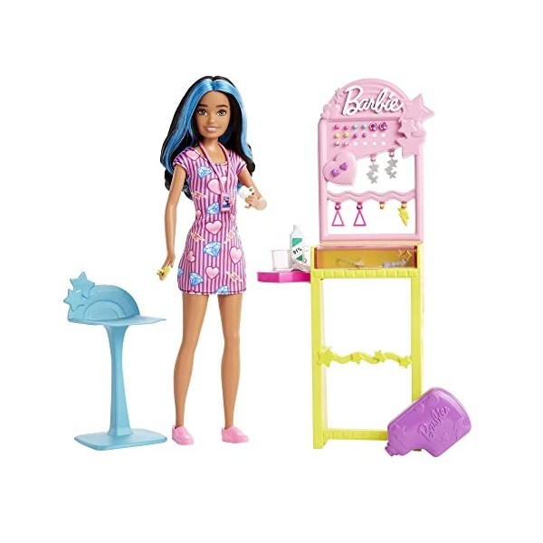 Barbie Coffret Skipper Premiers Jobs avec poupée Mannequin, Station de perçage des Oreilles avec Outil de perçage, 10 Paires 