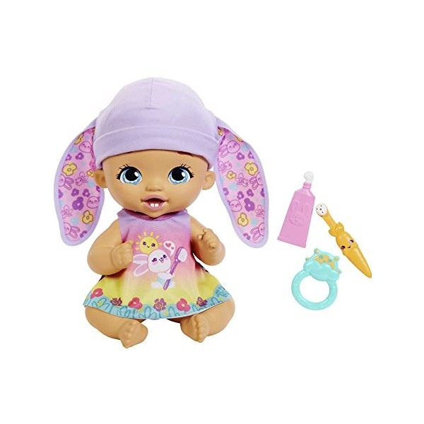 My Garden Baby poupée bébé Lapin Premières dents, 30 cm, poupon avec 3 accessoires et tenue 2 en 1, bonnet mauve, jouet pour 