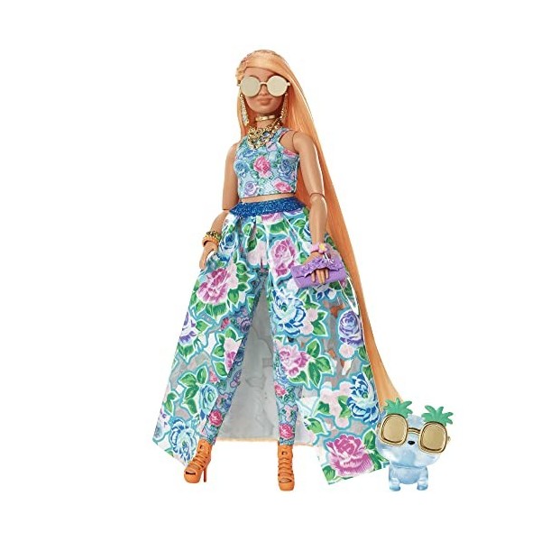 Barbie Poupée Extra Chic de morphologie ronde avec tenue deux pièces à fleurs, un chaton, cheveux très longs et accessoires, 