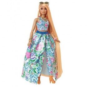 Barbie Poupée Extra Chic de morphologie ronde avec tenue deux pièces à fleurs, un chaton, cheveux très longs et accessoires, 