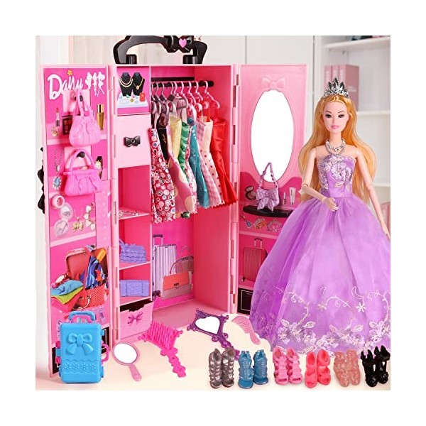 UCanaan Armoire Poupée Avec 44 Accessoires - Garde-Robe 30cm, Robes Chaussures Sacs Pour Filles