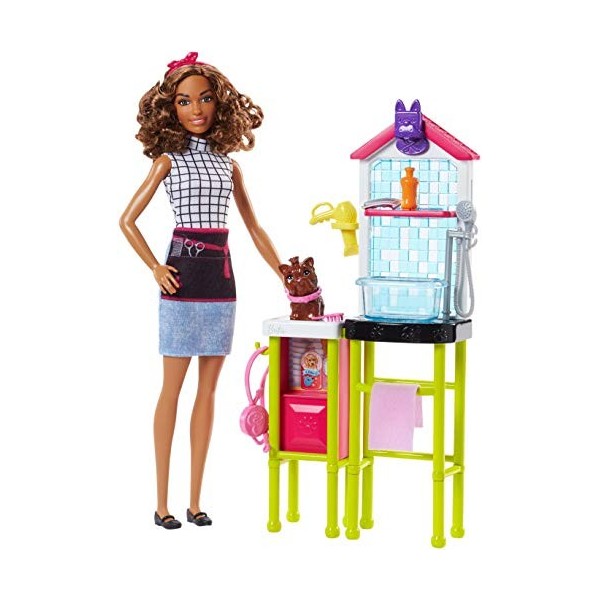 Barbie Métiers Toiletteuse pour Chiens avec poupée brune, figurine de chien, comptoir avec bain et accessoires de nettoyage, 