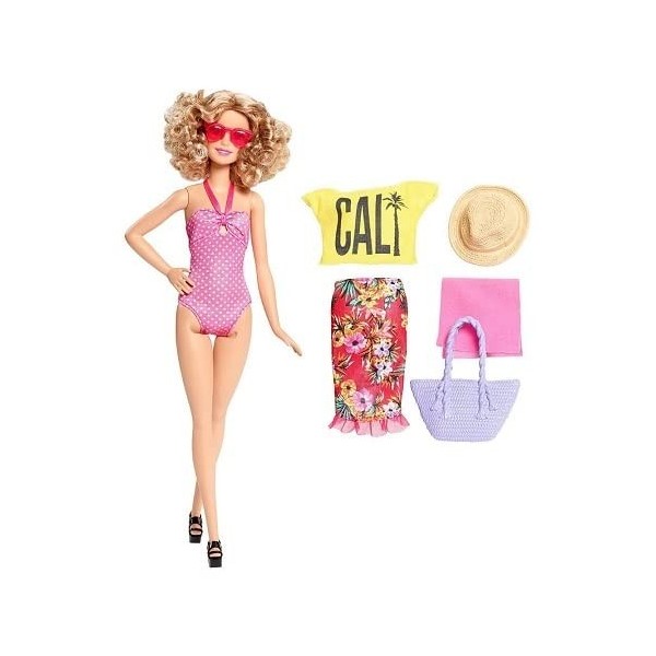 pour Barbie Vacation Glam avec Maillot de Bain Rose à Pois Blancs. Un paréo Rouge + Top + Accessoires - poupée Mannequin avec