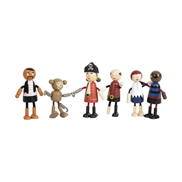 small foot Poupées Souples Figurines en Bois, 5 Pirates et 1 Singe, Flexibles, dès 3 Ans, 12412 Monkey Toys, Multicolore