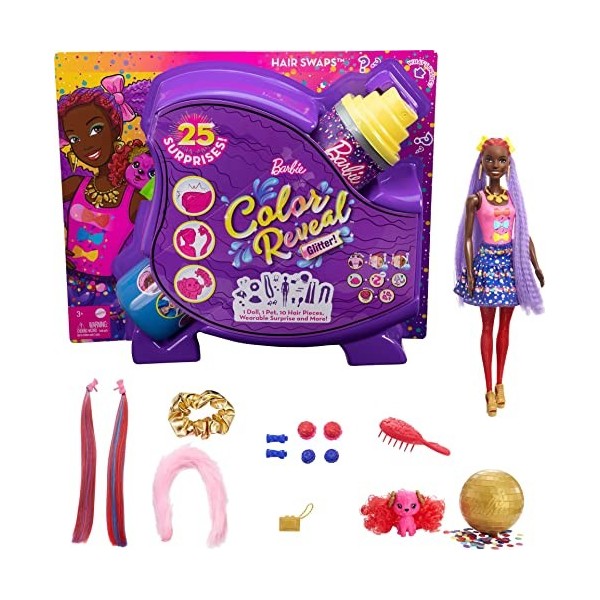 Barbie Color Reveal Paillettes! coffret Coiffures, poupée avec 25 éléments surprises dont 10 accessoires pour ses cheveux, jo