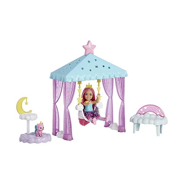 Barbie Coffret Poupée Chelsea Et Figurine Chaton Licorne La Tête Dans Les Étoiles, 3 Éléments De Jeu, Accessoires Thème Licor