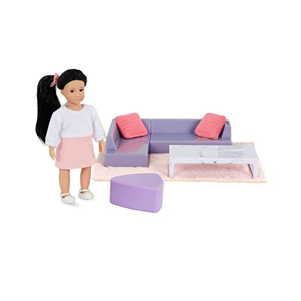 Lori – Mini Doll & Toy Living Room Furniture – 6-inch Doll & Dollhouse Accessories – Sofa, Pouffe, Table, Rug, Pillows – Play