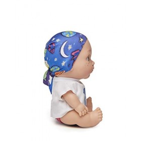 Juegaterapia | Poupée Pelón bébé | Foulard conçu par Paula Echevarria avec des imprimés de planètes, détoiles et de lunes | 