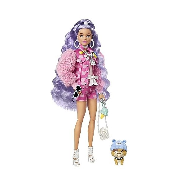 Barbie Extra poupée articulée aux longs cheveux violets, look tendance et oversize, avec figurine Bulldog et accessoires, jou