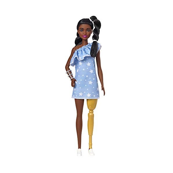 Barbie Fashionistas poupée mannequin 146 avec une prothèse de jambe, 2 nattes torsadées et une robe à imprimé étoiles, jouet