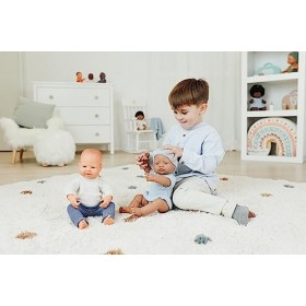 Miniland Ensemble Bleu en Tricot pour poupée de 40 cm, Robe, Culotte et Bonnet fabriqué en Espagne avec Textile recyclé Minil