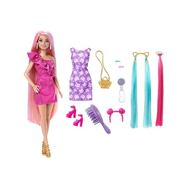 Barbie Poupée Mannequin Ultra Chevelure Poupée aux cheveux blonds arc-en-ciel extra-longs, robe color block à pois, 10 access