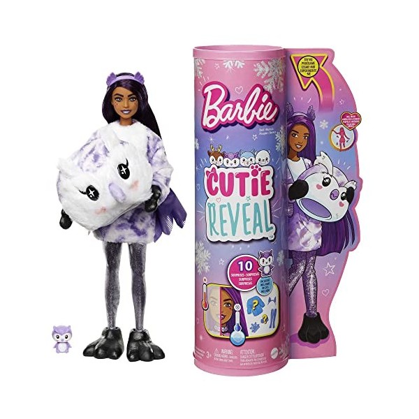 Barbie Poupée Mannequin Cutie Reveal Snowflake Sparkle avec costume de chouette et 10 surprises, dont éléments qui changent d