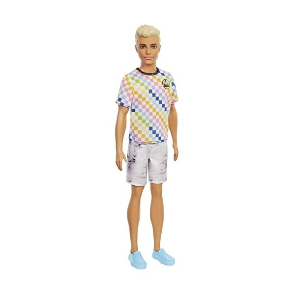 Barbie Fashionistas poupée mannequin Ken blond avec un tee-shirt à carreaux et un bermuda, jouet pour enfant, GRB90