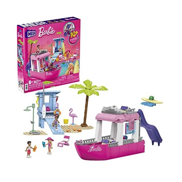 Mega Barbie Bateau De Rêve Malibu À Construire Avec 317 Blocs, Dont 3 Mini-Poupées À Assembler, 2 Animaux, Et Accessoires De 