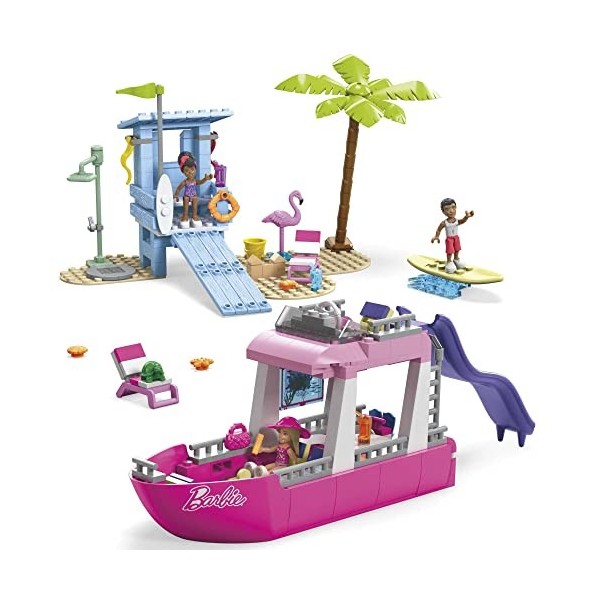 Mega Barbie Bateau De Rêve Malibu À Construire Avec 317 Blocs, Dont 3 Mini-Poupées À Assembler, 2 Animaux, Et Accessoires De 