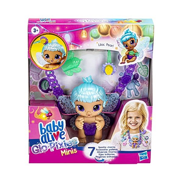 Baby Alive Glo Pixies Minis Carry n Care Necklace - F5844 - Poupée 10cm + Accessoires pailletés - Lilac Pearl