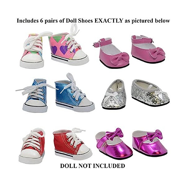 The New York Doll Collection 6 Paires Chaussures Multicolores - Fantaisie Sandales - Baskets - sadapte 18 Pouces / 46 cm Pou