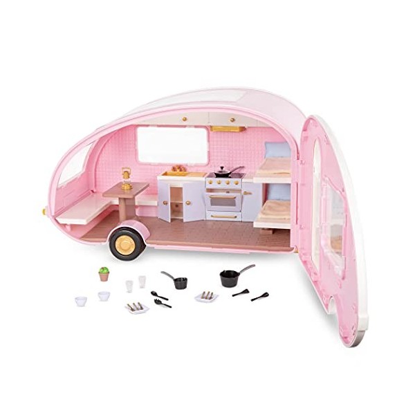 Lori LO37076Z Camping Car Aménagé - Compatible avec Presque Toutes les Poupées Lori de 15,24 cm - Rose Pâle - Dès 3 ans