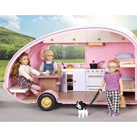 Lori LO37076Z Camping Car Aménagé - Compatible avec Presque Toutes les Poupées Lori de 15,24 cm - Rose Pâle - Dès 3 ans