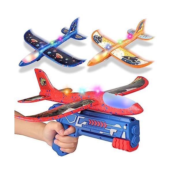 Avion Polystyrene Planeur avec Pistolet Catapulte, Avion en Mousse Volant Jouet davion avec Lanceur, Jeux Exterieur Intérieu