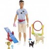 Barbie Métiers coffret poupée Ken Dresseur Canin, 2 figurines chiens et accessoires, jouet pour enfant, GJM34