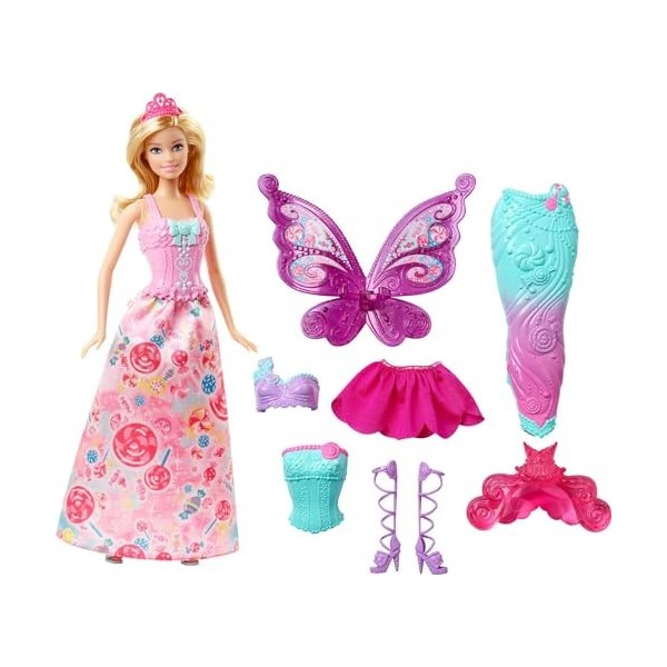 Barbie Dreamtopia poupée Papillons coffret 3-en-1 blonde avec trois tenues roses de princesse, Sirène et fée, Jouet pour enfa