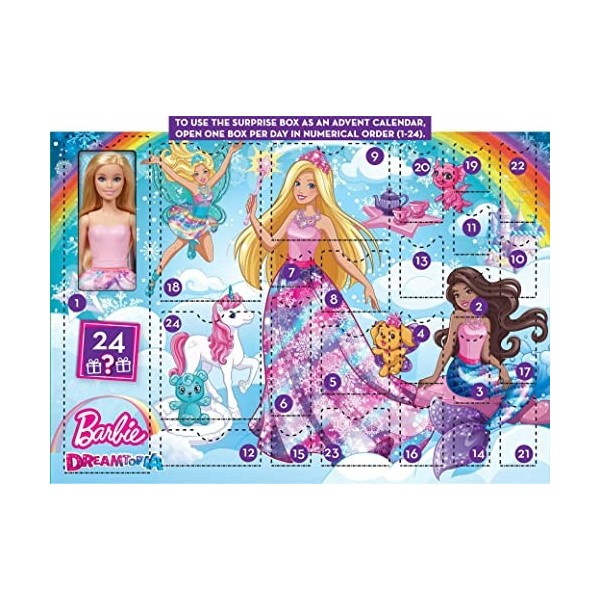 Barbie Calendrier de l’Avent Dreamtopia avec Poupée Mannequin et 24 surprises, dont tenues féeriques, animaux de compagnie et