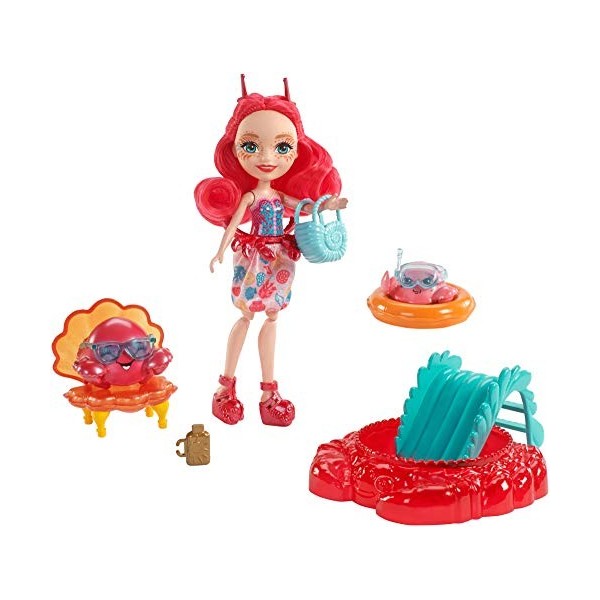 Enchantimals Coffret Plage, Mini-poupée Cameo Crabe et Figurines Animales Chela et Courtney avec accessoires aquatiques, joue