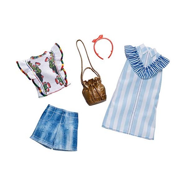 Barbie Fashionistas Kit Vêtements, 2 Tenues pour Poupée dont Robe-Chemise à Rayures, Short en Jeans, Tee-Shirt et Accesssoire