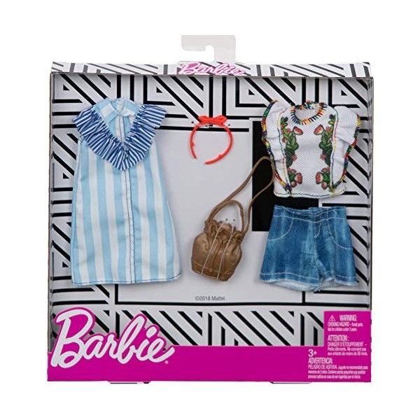 Barbie Fashionistas Kit Vêtements, 2 Tenues pour Poupée dont Robe-Chemise à Rayures, Short en Jeans, Tee-Shirt et Accesssoire