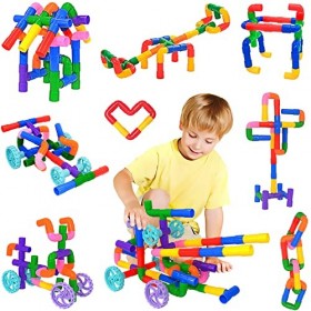SIENIANLINE Jouets de Tube de Tuyau, 96 pièces Classic Building Blocks Construction Assemblage Jouets avec Roues et Plaque de