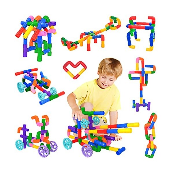 SIENIANLINE Jouets de Tube de Tuyau, 96 pièces Classic Building Blocks Construction Assemblage Jouets avec Roues et Plaque de