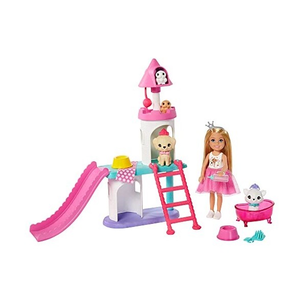 Barbie Princess Adventure coffret Soin des Animaux avec mini-poupée Chelsea blonde, 4 figurines animaux et accessoires, jouet