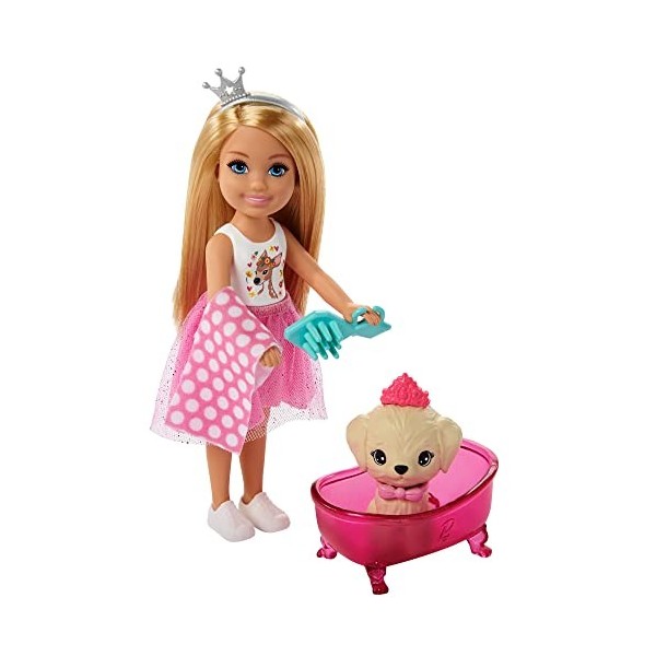 Barbie Princess Adventure coffret Soin des Animaux avec mini-poupée Chelsea blonde, 4 figurines animaux et accessoires, jouet