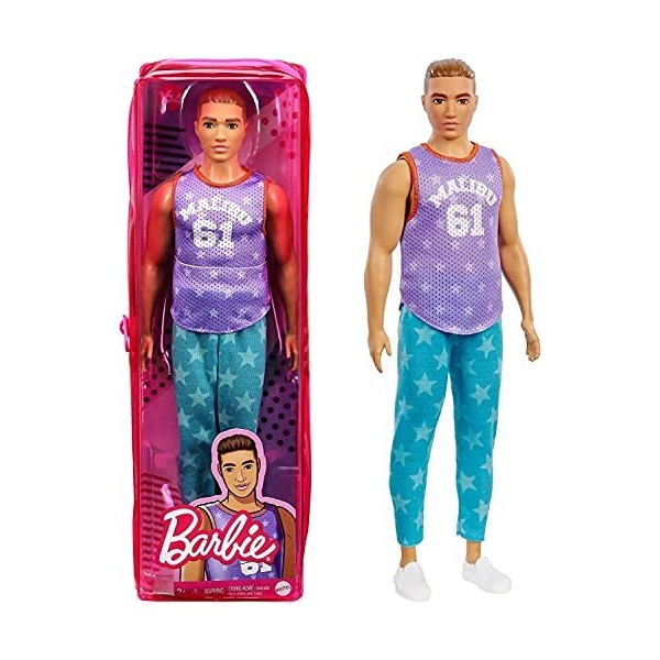 Barbie Fashionistas poupée Mannequin Ken 165 Brun avec Marcel Malibu, Pantalon à étoiles et Chaussures Blanches, Jouet pour 