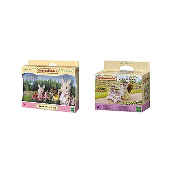 SYLVANIAN FAMILIES-Le Tricycle et Mini Voiture bébés poupées et Accessoires, 5040, Multicolore, Norme & 4533 - Poussette Doub