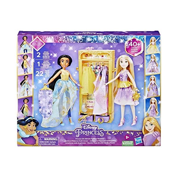 Disney Princesses Le Dressing de Jasmine et Raiponce, Armoire avec Tenues pour poupées, Jouet pour Enfants, dès 3 Ans