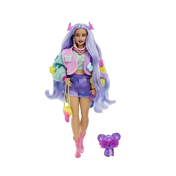Barbie Poupée Barbie Extra avec koala, vêtements et accessoires, cheveux lavande ondulés, pull avec motif papillon coloré, bo