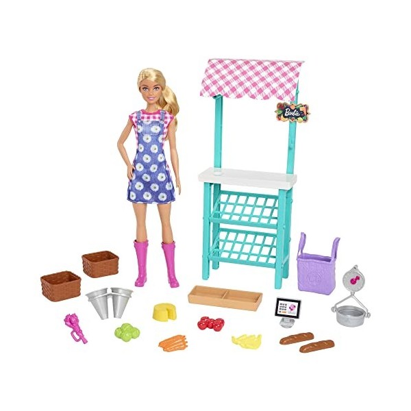 Barbie Coffret Barbie et son Marché Fermier avec Poupée Barbie Blonde, Stand de Marché, et 5 Accessoires, Jouet Enfant, Dès 3