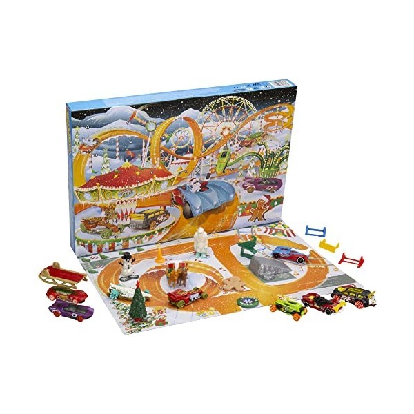 Hot Wheels Calendrier de lavent, contient 24 surprises dont 8 petites voitures décorées et 16 accessoires, pour enfants dès 