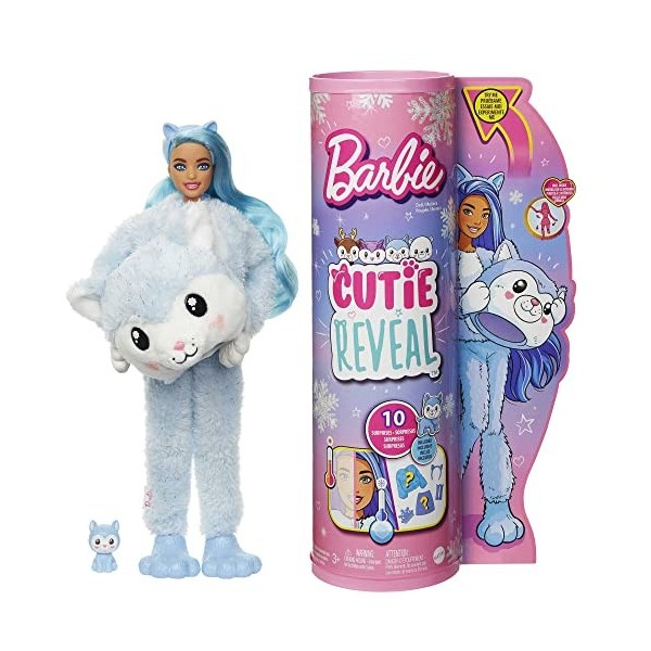 Barbie Poupée Mannequin Cutie Reveal Snowflake Sparkle avec costume de husky et 10 surprises, dont éléments qui changent de c