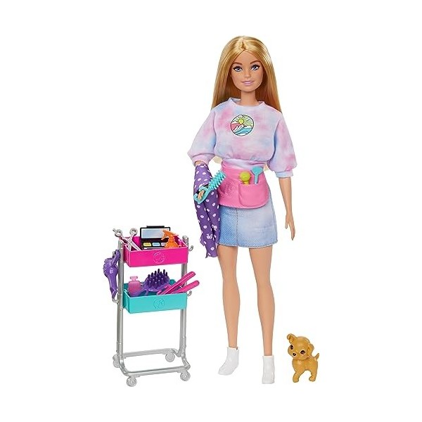 Barbie - Poupée styliste Barbie "Malibu" et 14 accessoires, thème coiffure et maquillage avec chiot et chariot de stylisme, H