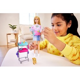 Barbie - Poupée styliste Barbie "Malibu" et 14 accessoires, thème coiffure et maquillage avec chiot et chariot de stylisme, H