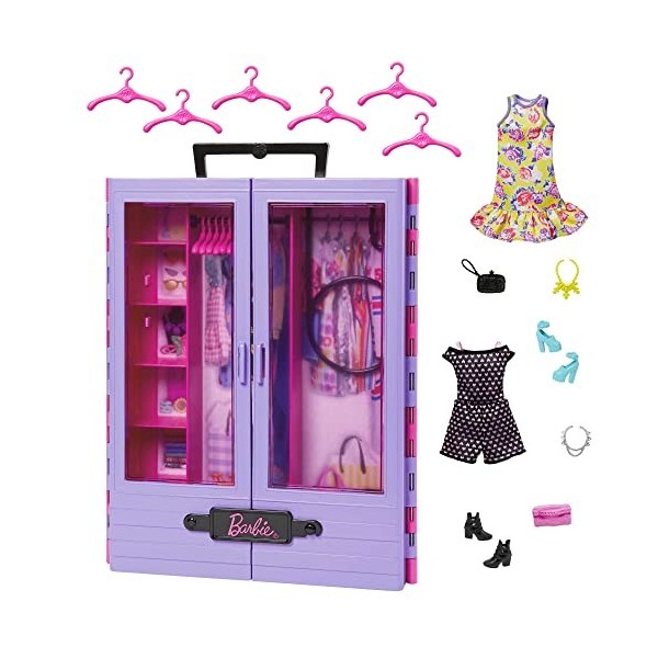 Barbie Le Dressing de Rêve de Fashionistas avec Portes Transparentes, Espaces de Rangement, Penderie Escamotable et 6 Cintres