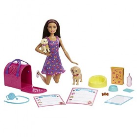 Barbie Coffret Adopte Un Chiot, avec poupée brune, 2 chiots, animal qui change de couleur et plus de 10 accessoires, Jouet En