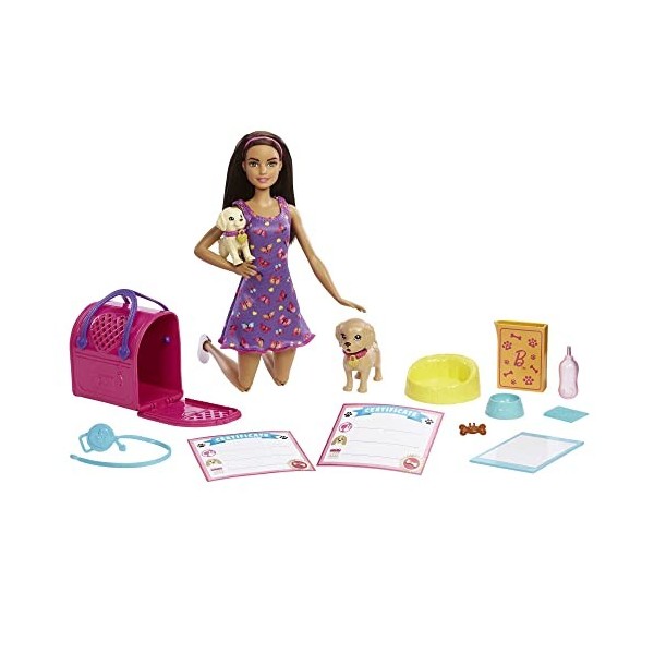 Barbie Coffret Adopte Un Chiot, avec poupée brune, 2 chiots, animal qui change de couleur et plus de 10 accessoires, Jouet En