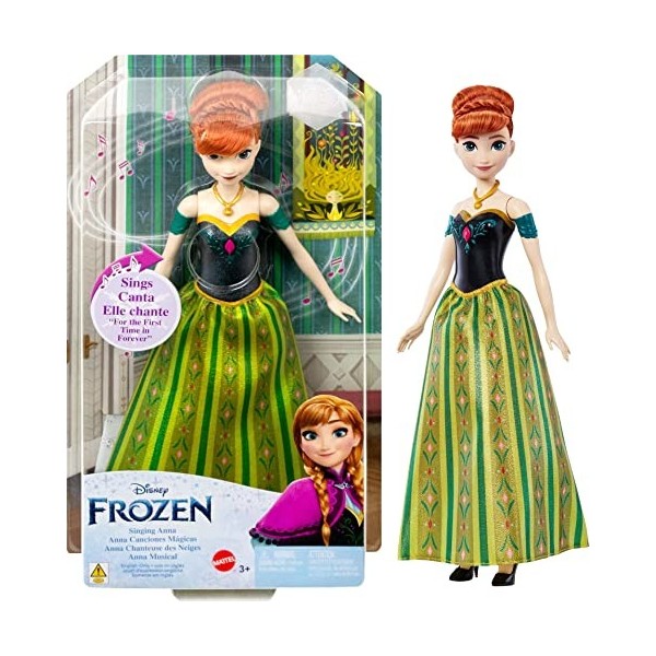 Disney Frozen Poupée Anna chantante, Anna de la Reine des Neiges dans des vêtements signatures, Bouton Chante la Chanson « fo
